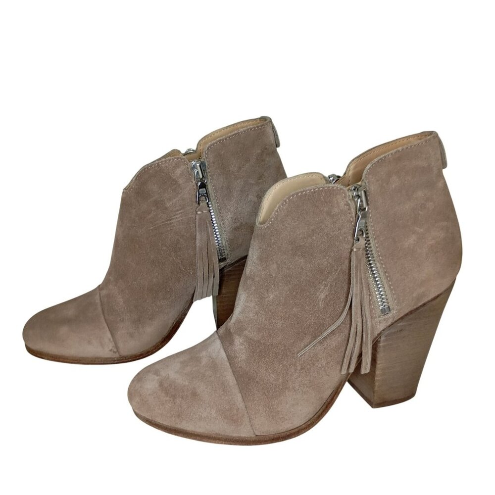 Rag & Bone Ankle Boots Size 36.5 Taupe Suede With Tassel Zipper & Stacked Heel
